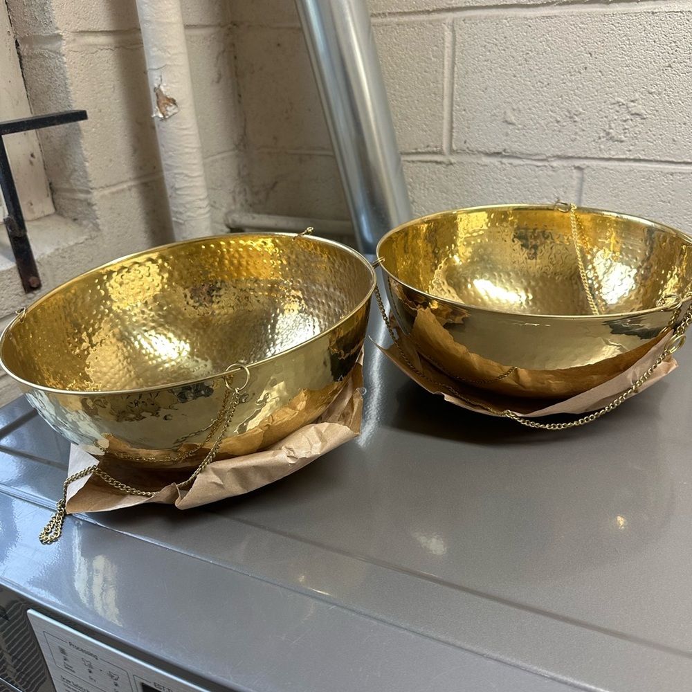 2 Gold Metal hanging planters with chain. NEW with tags. 12” wide 5” high